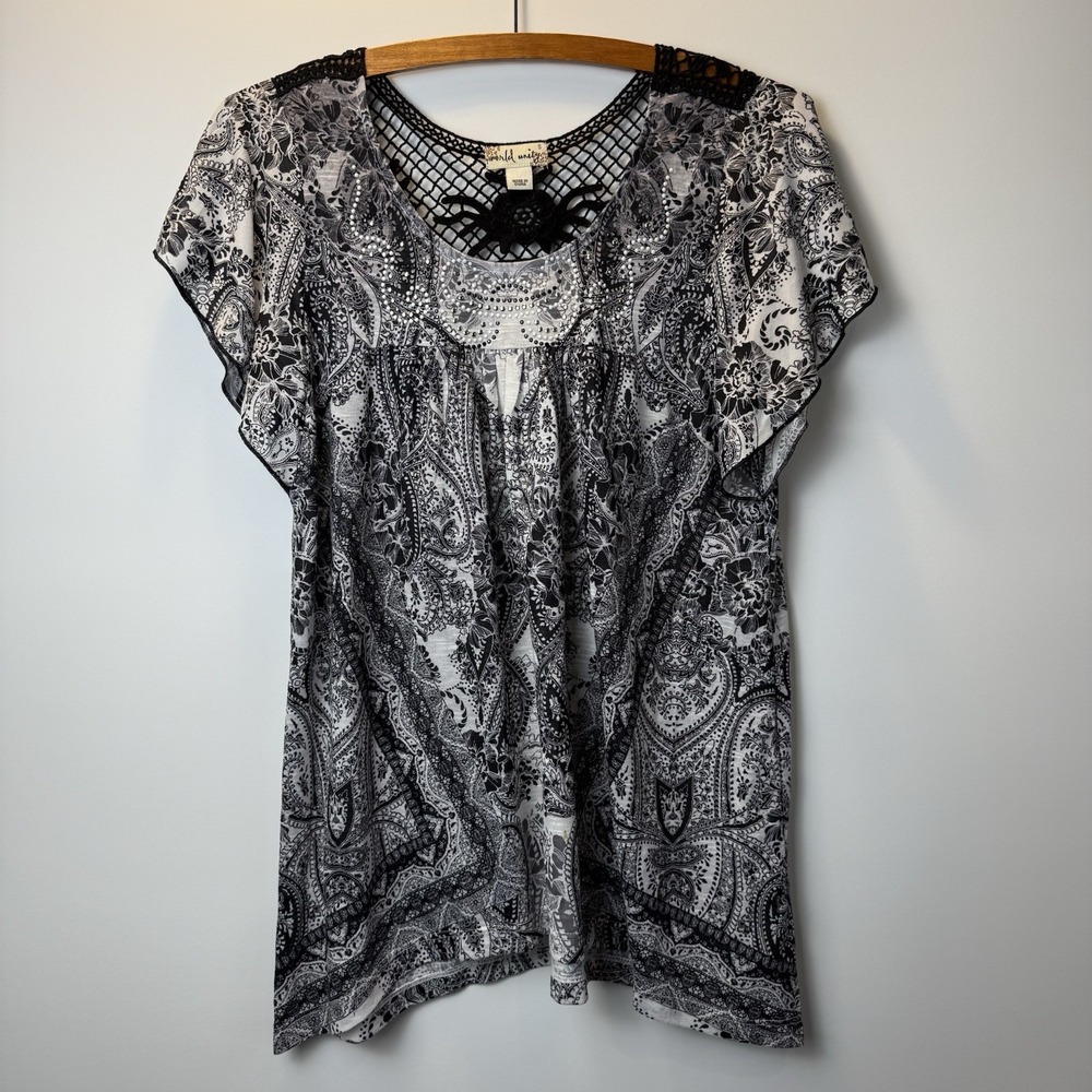 World Unity Top Womens‎ Size S Embroidered Bead Flutter Sleeve NWOT
